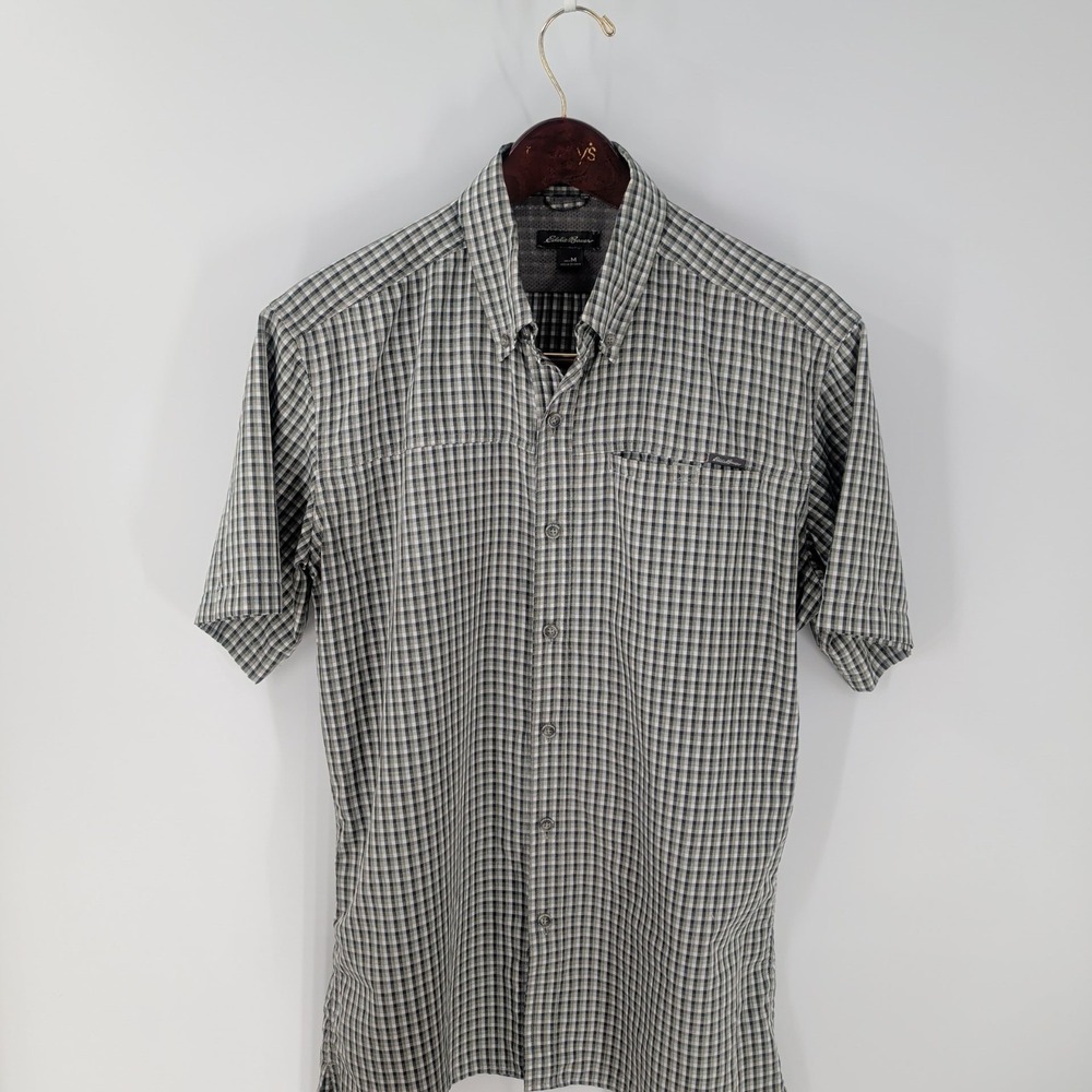 Eddie Bauer Short Sleeve Gingham Check Button-Down Shirt Gray Black White Size M